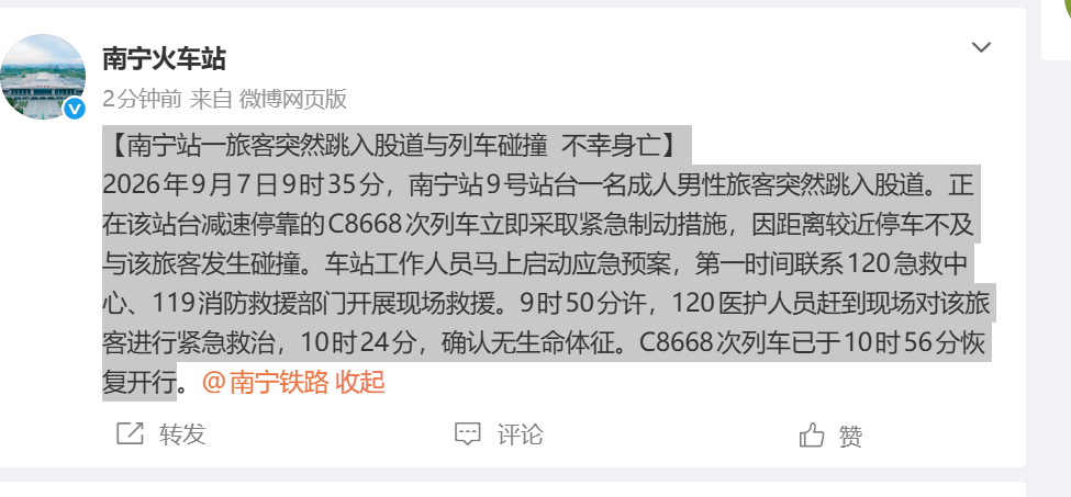 官方通报：南宁火车站一旅客突然跳入股道与列车碰撞 ，不幸身亡