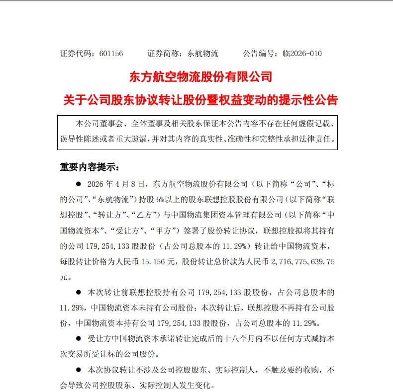 超27亿元！联想控股拟协议转让东航物流11.29%股份予中国物流资本，接近9年长线投资实现全面退出 (http://www.paipi.cn/) wap 第1张
