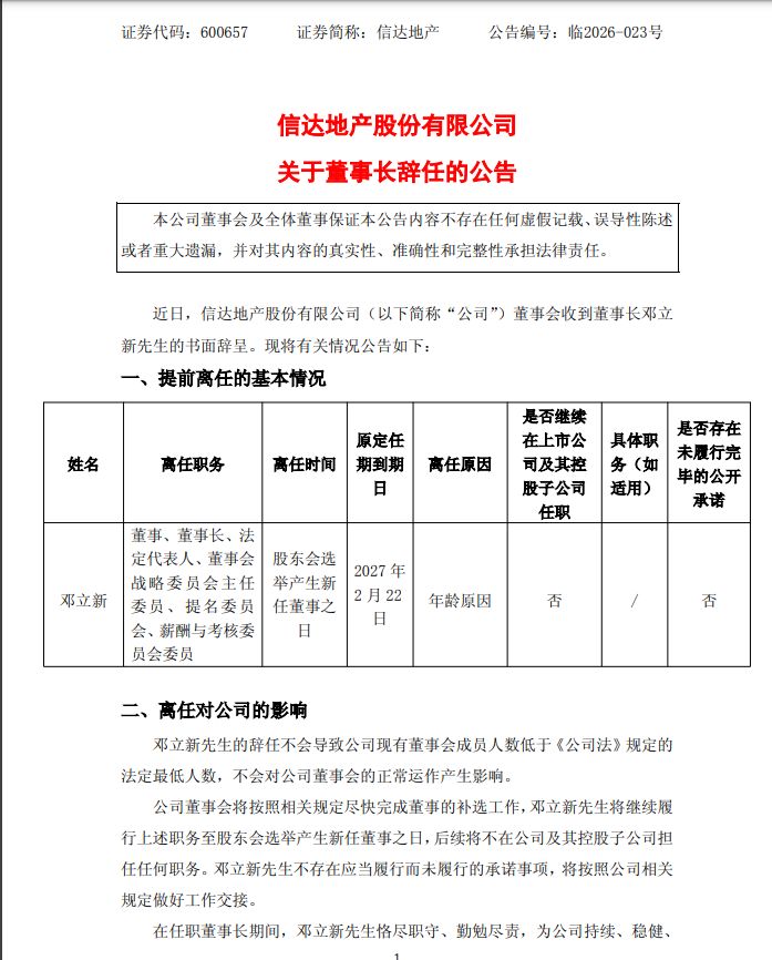 任职不足两年，邓立新辞任！信达地产五年已经历三任董事长 (http://www.chichengjiaxiao.cn/) caij 第1张