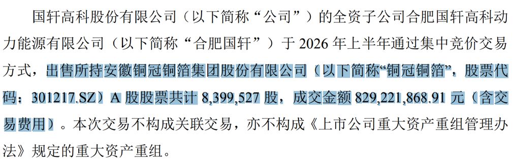 国轩高科出售铜冠铜箔800多万股，成交均价约99元/股，标的股价一度涨超200元 (http://www.kingbaby.com.cn/) wap 第1张